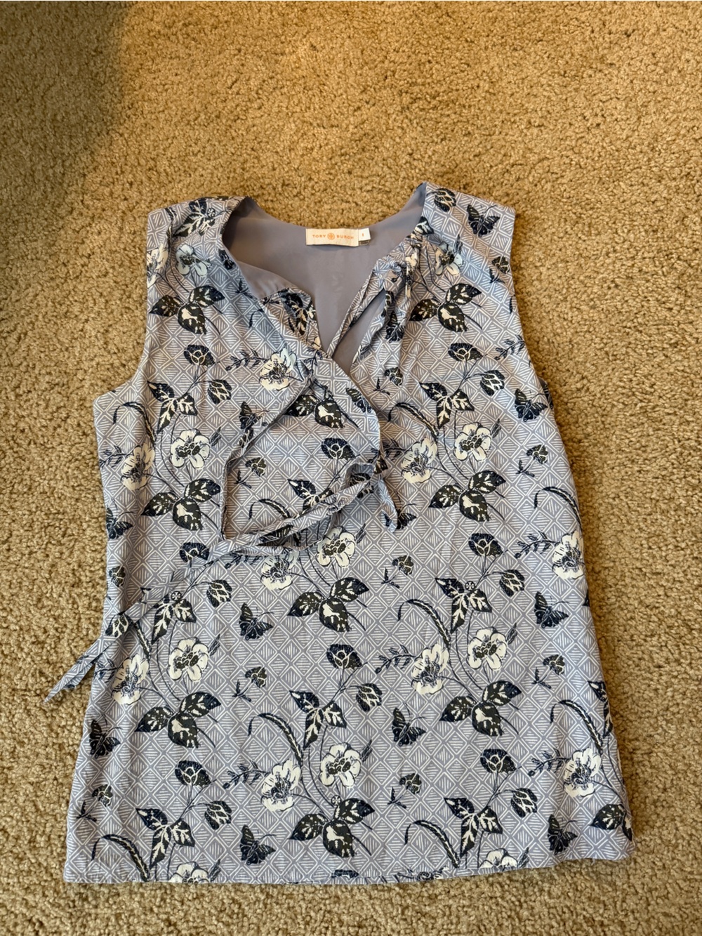 Tory Burch Light Blue Sleeveless Floral Tie-Front Blouse
